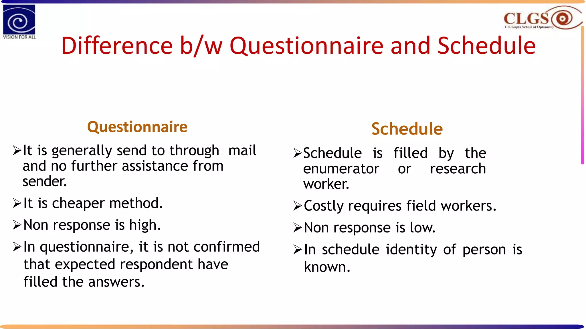 Difference b/w Questionnaire and Schedule
Questionnaire
It is generally send to through mail
and no further assistance from
sender.
It is cheaper method.
Non response is high.
In questionnaire, it is not confirmed
that expected respondent have
filled the answers.
Schedule
Schedule is filled by the
enumerator or research
worker.
Costly requires field workers.
Non response is low.
In schedule identity of person is
known.
 
