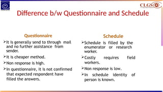 Difference b/w Questionnaire and Schedule
Questionnaire
It is generally send to through mail
and no further assistance from
sender.
It is cheaper method.
Non response is high.
In questionnaire, it is not confirmed
that expected respondent have
filled the answers.
Schedule
Schedule is filled by the
enumerator or research
worker.
Costly requires field
workers.
Non response is low.
In schedule identity of
person is known.
 