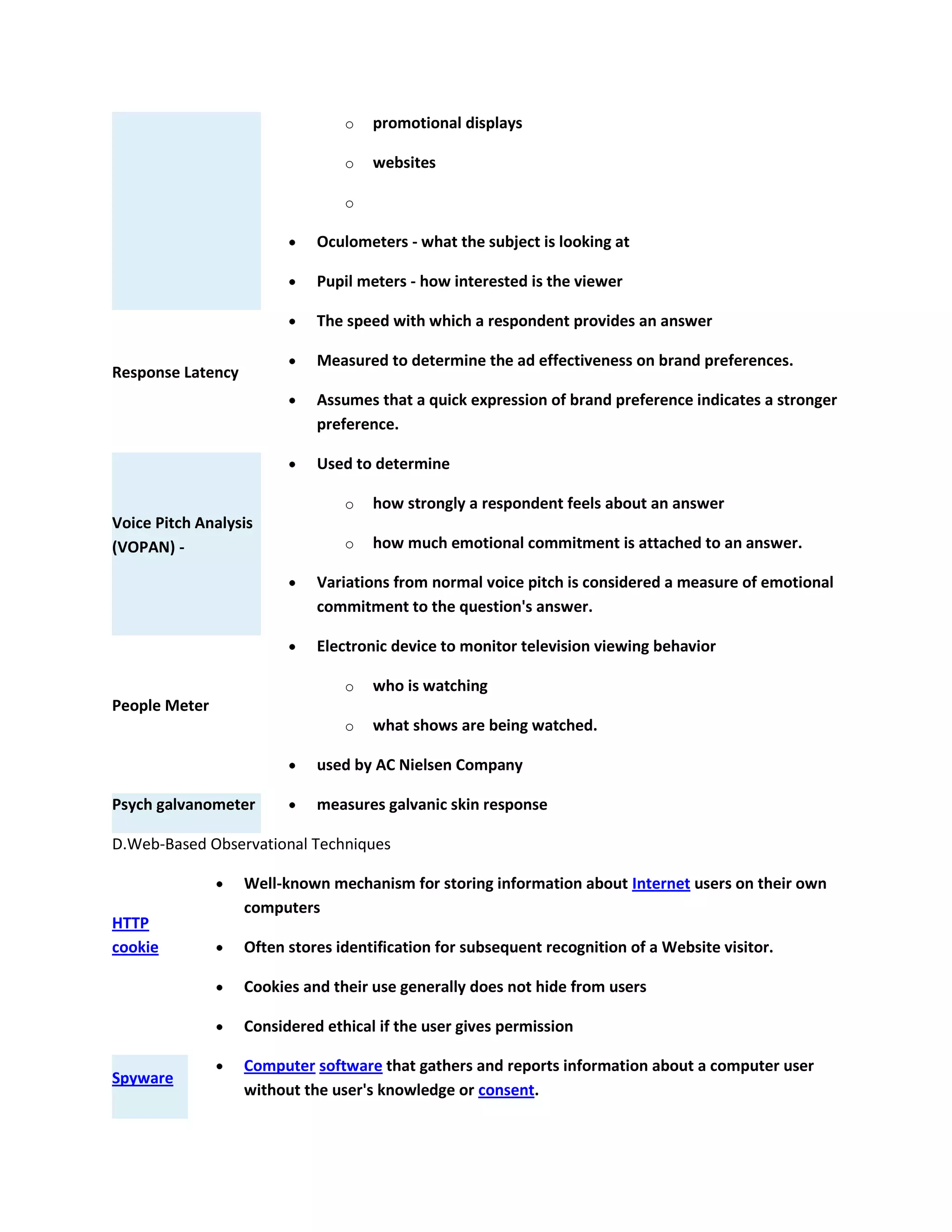 o promotional displays
o websites
o
Oculometers - what the subject is looking at
Pupil meters - how interested is the viewer
Response Latency
The speed with which a respondent provides an answer
Measured to determine the ad effectiveness on brand preferences.
Assumes that a quick expression of brand preference indicates a stronger
preference.
Voice Pitch Analysis
(VOPAN) -
Used to determine
o how strongly a respondent feels about an answer
o how much emotional commitment is attached to an answer.
Variations from normal voice pitch is considered a measure of emotional
commitment to the question's answer.
People Meter
Electronic device to monitor television viewing behavior
o who is watching
o what shows are being watched.
used by AC Nielsen Company
Psych galvanometer measures galvanic skin response
D.Web-Based Observational Techniques
HTTP
cookie
Well-known mechanism for storing information about Internet users on their own
computers
Often stores identification for subsequent recognition of a Website visitor.
Cookies and their use generally does not hide from users
Considered ethical if the user gives permission
Spyware
Computer software that gathers and reports information about a computer user
without the user's knowledge or consent.
 
