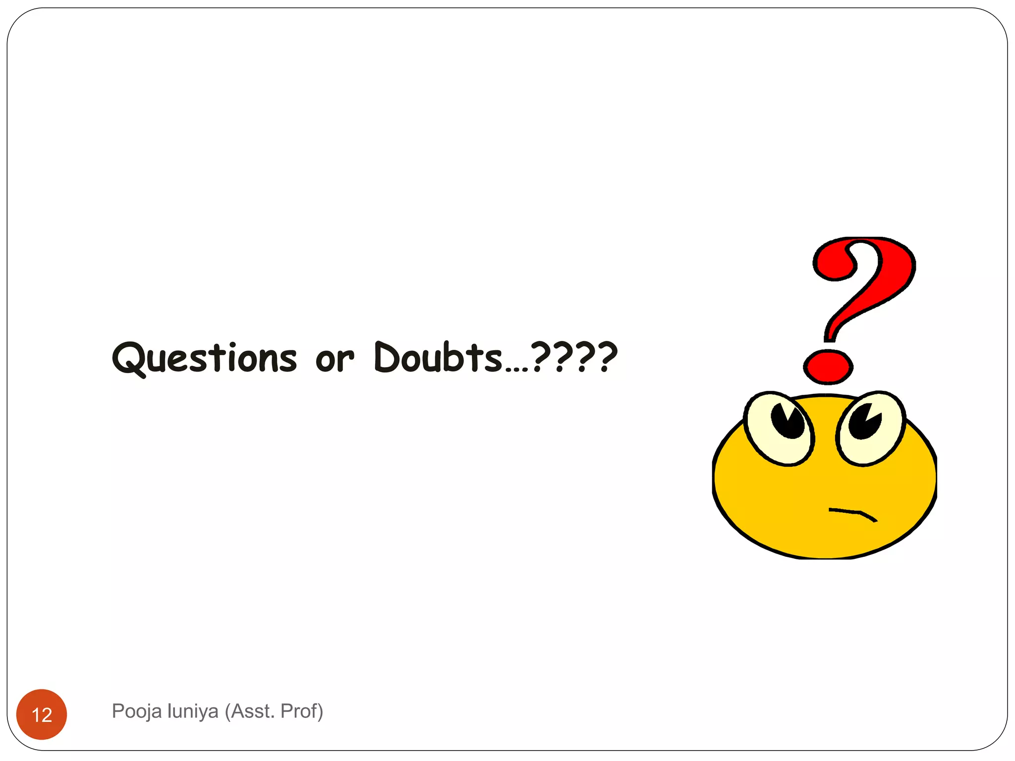 Questions or Doubts…????
12 Pooja luniya (Asst. Prof)
 