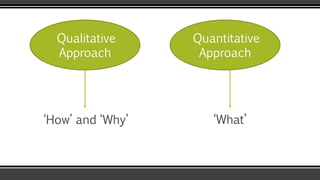 Qualitative
Approach
Quantitative
Approach
‘How’ and ‘Why’ ‘What’
 