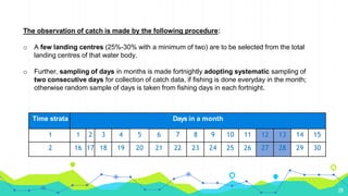 29
The observation of catch is made by the following procedure:
o A few landing centres (25%-30% with a minimum of two) are to be selected from the total
landing centres of that water body.
o Further, sampling of days in months is made fortnightly adopting systematic sampling of
two consecutive days for collection of catch data, if fishing is done everyday in the month;
otherwise random sample of days is taken from fishing days in each fortnight.
Time strata Days in a month
1 1 2 3 4 5 6 7 8 9 10 11 12 13 14 15
2 16 17 18 19 20 21 22 23 24 25 26 27 28 29 30
 