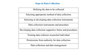 Steps in Data Collection
Defining the data to be collected
Selecting appropriate method of data collection
Selecting or developing data collection instruments
Data collection instruments and procedure
Developing data collection supportive forms and procedures
Training data collector researcher/individual
Permissions from authority for data collection
Data collection and data management
 