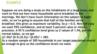 EXAMPLE
Suppose we are doing a study on the inhabitants of a large town, and
want to find out how many households serve breakfast in the
mornings. We don’t have much information on the subject to begin
with, so we’re going to assume that half of the families serve
breakfast: this gives us maximum variability. So p = 0.5. Now let’s say
we want 95% confidence, and at least 5 percent—plus or minus—
precision. A 95 % confidence level gives us Z values of 1.96, per the
normal tables, so we get
((1.96)2 (0.5) (0.5)) / (0.05)2 = 385.
So a random sample of 385 households in our target population should
be enough to give us the confidence levels we need.
 
