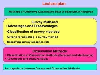 Lecture plan
Methods of Obtaining Quantitative Data in Descriptive Research
Survey Methods:
• Advantages and Disadvantages
• Classification of survey methods
• Criteria for selecting a survey method
• Improving survey response rate
Observation Methods:
• Classification of Observation Methods (Personal and Mechanical)
• Advantages and Disadvantages
A comparison between Survey and Observation Methods
 