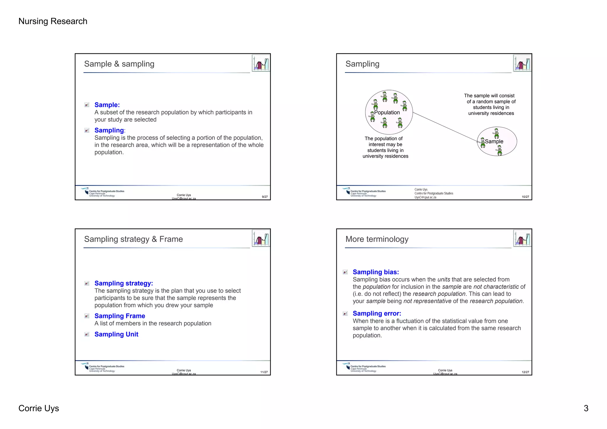 Nursing Research
Corrie Uys 3
Centre for PostgraduateStudies
Sample & sampling
Sample:
A subset of the research population by which participants in
your study are selected
Sampling:
Sampling is the process of selecting a portion of the population,
in the research area, which will be a representation of the whole
population.
Corrie Uys
UysC@cput.ac.za
9/27
Centre for PostgraduateStudies
Sampling
The population of
interest may be
students living in
university residences
The sample will consist
of a random sample of
students living in
university residencesPopulation
Sample
Corrie Uys
Centre for Postgraduate Studies
UysC@cput.ac.za 10/27
Centre for PostgraduateStudies
Sampling strategy & Frame
Sampling strategy:
The sampling strategy is the plan that you use to select
participants to be sure that the sample represents the
population from which you drew your sample
Sampling Frame
A list of members in the research population
Sampling Unit
Corrie Uys
UysC@cput.ac.za
11/27
Centre for PostgraduateStudies
More terminology
Sampling bias:
Sampling bias occurs when the units that are selected from
the population for inclusion in the sample are not characteristic of
(i.e. do not reflect) the research population. This can lead to
your sample being not representative of the research population.
Sampling error:
When there is a fluctuation of the statistical value from one
sample to another when it is calculated from the same research
population.
Corrie Uys
UysC@cput.ac.za
12/27
 