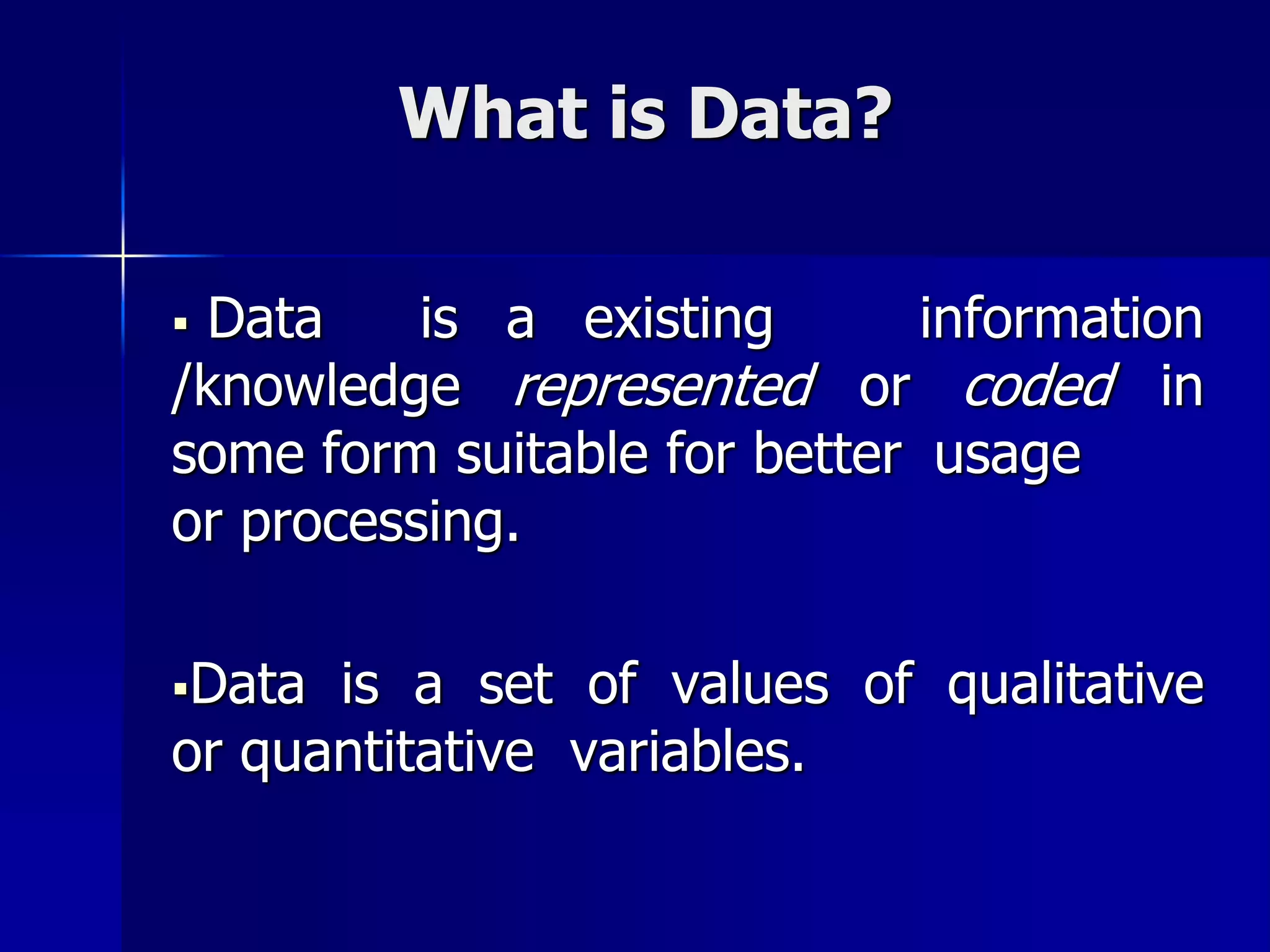 What is Data?
 Data is a existing information
/knowledge represented or coded in
some form suitable for better usage
or processing.
Data is a set of values of qualitative
or quantitative variables.
 