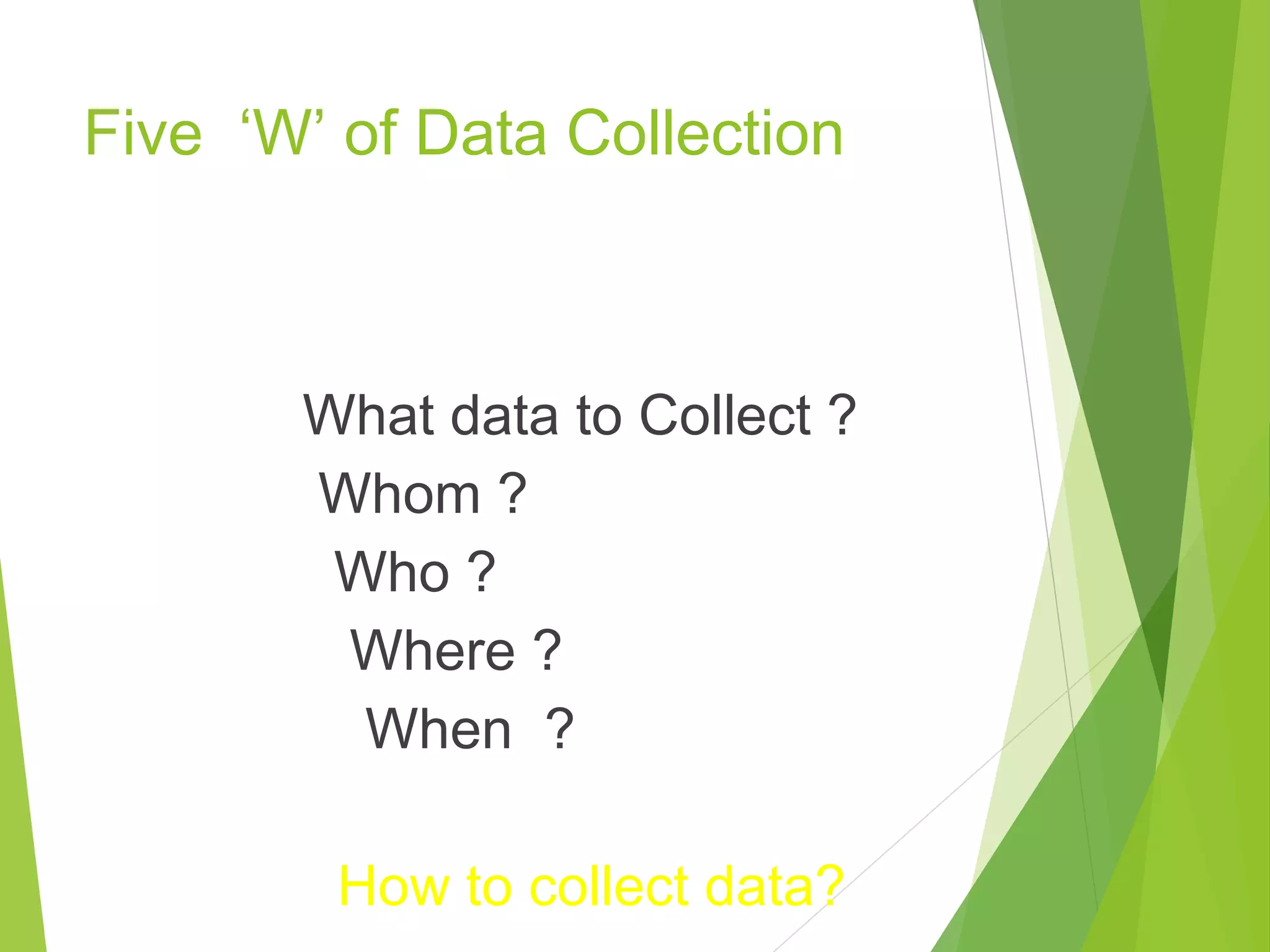 Five ‘W’ of Data Collection
What data to Collect ?
Whom ?
Who ?
Where ?
When ?
How to collect data?
 