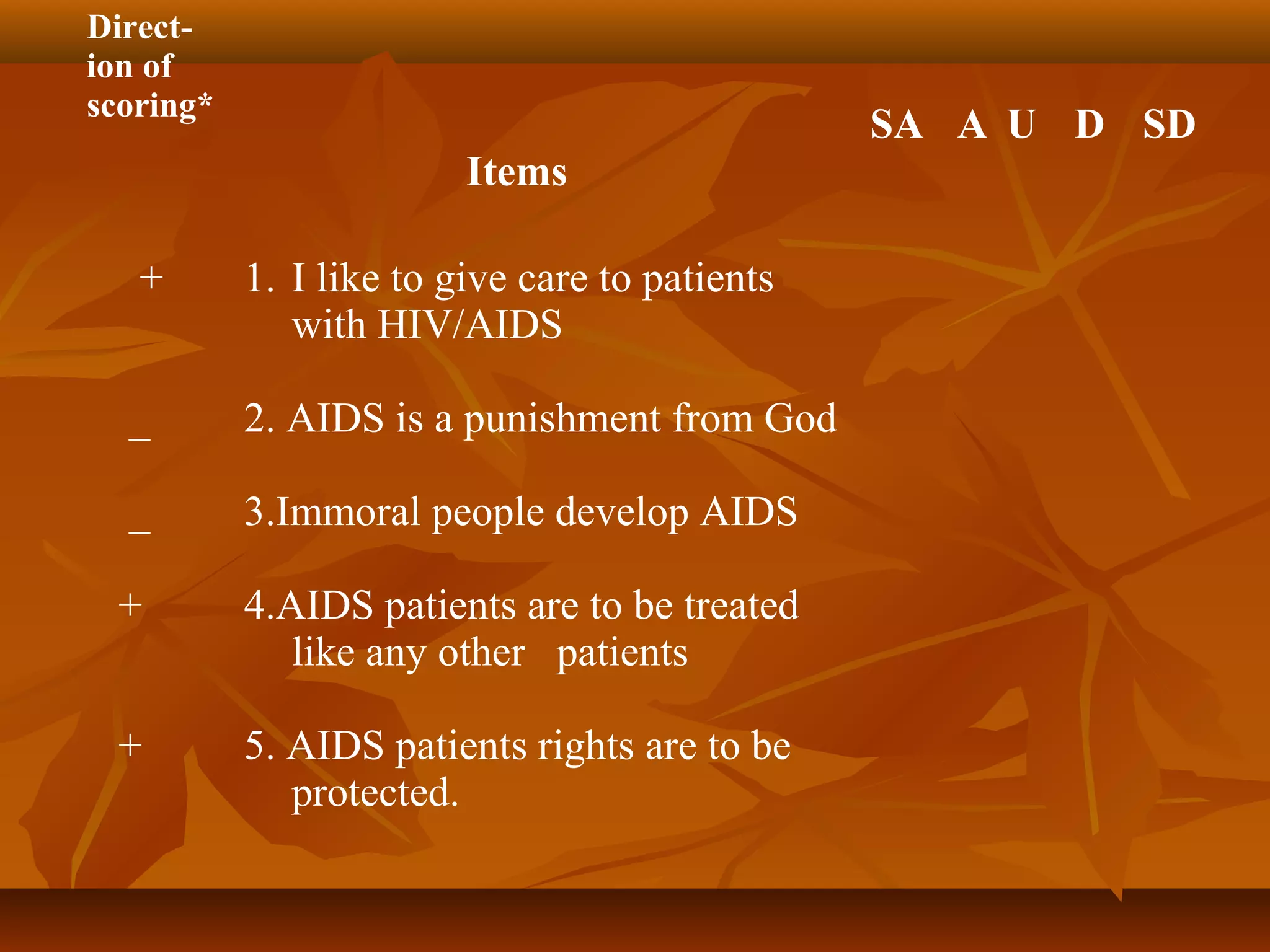Direct-
ion of
scoring*
Items
SA A U D SD
+
_
_
+
+
1. I like to give care to patients
with HIV/AIDS
2. AIDS is a punishment from God
3.Immoral people develop AIDS
4.AIDS patients are to be treated
like any other patients
5. AIDS patients rights are to be
protected.
 