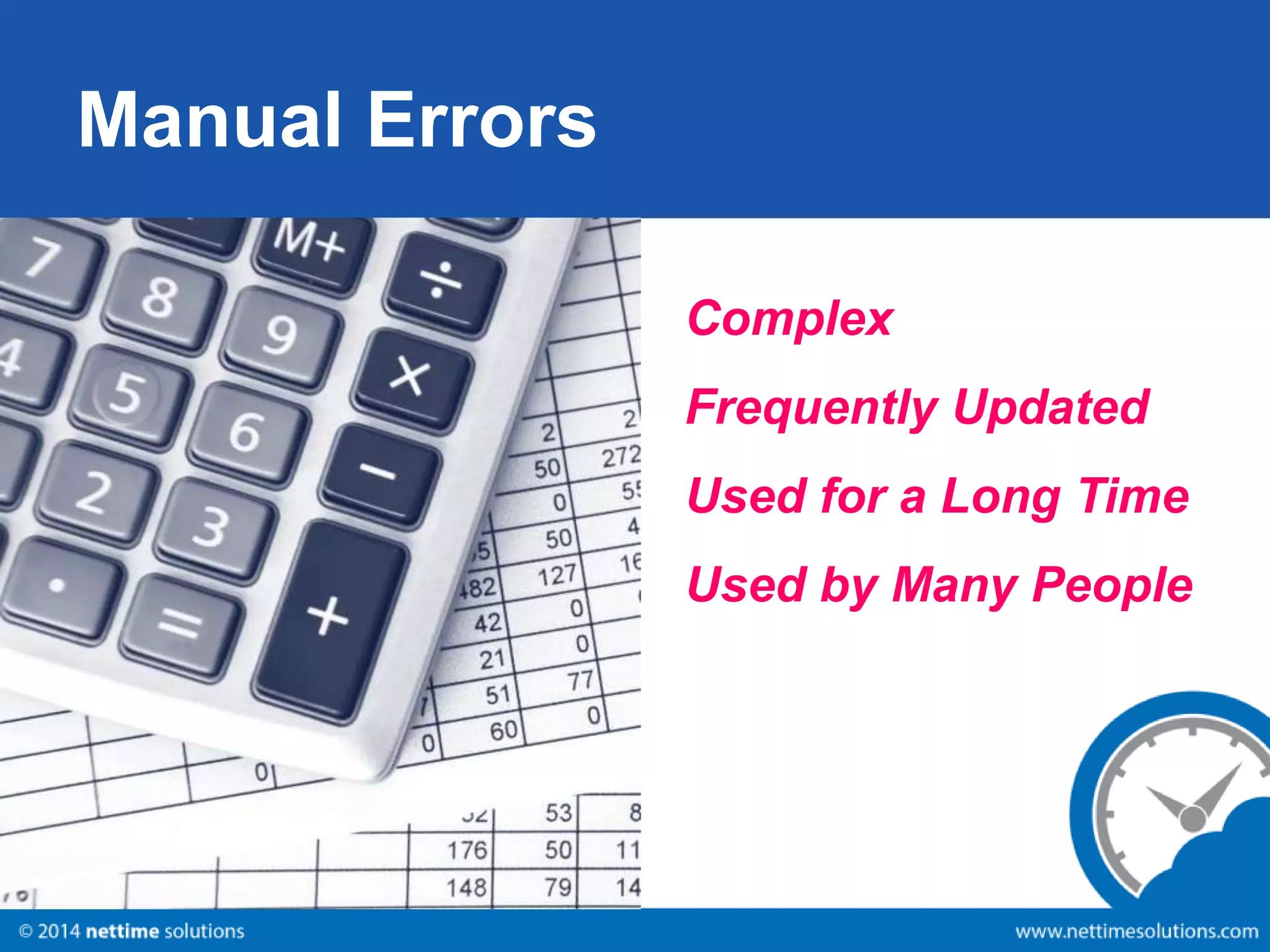 Complex 
Frequently Updated 
Used for a Long Time 
Used by Many People 
Manual Errors 
 