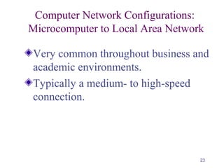 23
Computer Network Configurations:
Microcomputer to Local Area Network
Very common throughout business and
academic environments.
Typically a medium- to high-speed
connection.
 