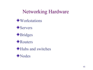 45
Networking Hardware
Workstations
Servers
Bridges
Routers
Hubs and switches
Nodes
 