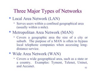 52
Three Major Types of Networks
 Local Area Network (LAN)
 Serves users within a confined geographical area
(usually within a mile).
 Metropolitan Area Network (MAN)
 Covers a geographic area the size of a city or
suburb. The purpose of a MAN is often to bypass
local telephone companies when accessing long-
distance service.
 Wide Area Network (WAN)
 Covers a wide geographical area, such as a state or
a country. Examples: Tyment, Telenet, Uninet,
and Accunet.
 