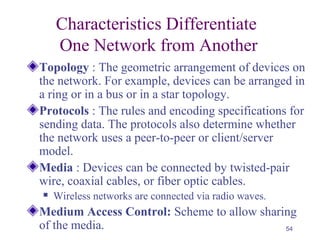 54
Characteristics Differentiate
One Network from Another
Topology : The geometric arrangement of devices on
the network. For example, devices can be arranged in
a ring or in a bus or in a star topology.
Protocols : The rules and encoding specifications for
sending data. The protocols also determine whether
the network uses a peer-to-peer or client/server
model.
Media : Devices can be connected by twisted-pair
wire, coaxial cables, or fiber optic cables.
 Wireless networks are connected via radio waves.
Medium Access Control: Scheme to allow sharing
of the media.
 