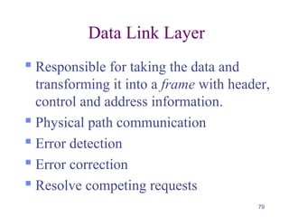 79
Data Link Layer
 Responsible for taking the data and
transforming it into a frame with header,
control and address information.
 Physical path communication
 Error detection
 Error correction
 Resolve competing requests
 