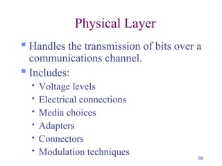 80
Physical Layer
 Handles the transmission of bits over a
communications channel.
 Includes:
 Voltage levels
 Electrical connections
 Media choices
 Adapters
 Connectors
 Modulation techniques
 
