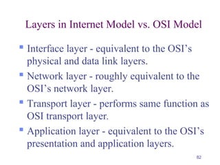 82
Layers in Internet Model vs. OSI Model
 Interface layer - equivalent to the OSI’s
physical and data link layers.
 Network layer - roughly equivalent to the
OSI’s network layer.
 Transport layer - performs same function as
OSI transport layer.
 Application layer - equivalent to the OSI’s
presentation and application layers.
 