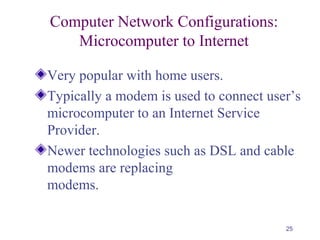 25
Computer Network Configurations:
Microcomputer to Internet
Very popular with home users.
Typically a modem is used to connect user’s
microcomputer to an Internet Service
Provider.
Newer technologies such as DSL and cable
modems are replacing
modems.
 
