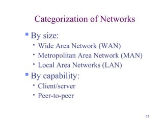 51
Categorization of Networks
 By size:
 Wide Area Network (WAN)
 Metropolitan Area Network (MAN)
 Local Area Networks (LAN)
 By capability:
 Client/server
 Peer-to-peer
 