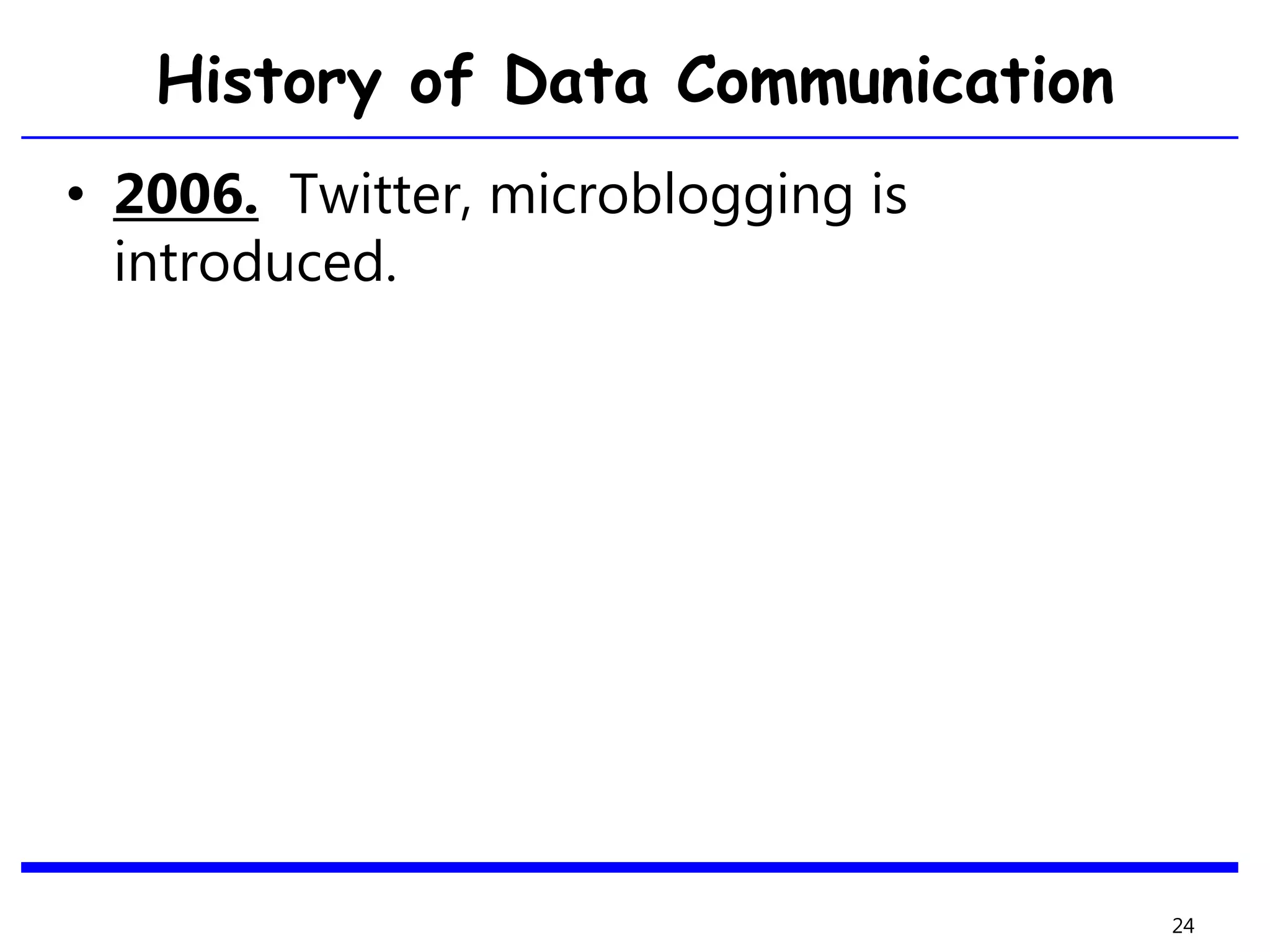 History of Data Communication
• 2006. Twitter, microblogging is
introduced.
24
 