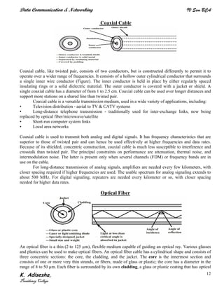 Data Communication & Networking IV Sem BCA
K. Adisesha,
Presidency College
12
Coaxial Cable
Coaxial cable, like twisted pair, consists of two conductors, but is constructed differently to permit it to
operate over a wider range of frequencies. It consists of a hollow outer cylindrical conductor that surrounds
a single inner wire conductor (Figure). The inner conductor is held in place by either regularly spaced
insulating rings or a solid dielectric material. The outer conductor is covered with a jacket or shield. A
single coaxial cable has a diameter of from 1 to 2.5 cm. Coaxial cable can be used over longer distances and
support more stations on a shared line than twisted pair.
Coaxial cable is a versatile transmission medium, used in a wide variety of applications, including:
• Television distribution - aerial to TV & CATV systems
• Long-distance telephone transmission - traditionally used for inter-exchange links, now being
replaced by optical fiber/microwave/satellite
• Short-run computer system links
• Local area networks
Coaxial cable is used to transmit both analog and digital signals. It has frequency characteristics that are
superior to those of twisted pair and can hence be used effectively at higher frequencies and data rates.
Because of its shielded, concentric construction, coaxial cable is much less susceptible to interference and
crosstalk than twisted pair. The principal constraints on performance are attenuation, thermal noise, and
intermodulation noise. The latter is present only when several channels (FDM) or frequency bands are in
use on the cable.
For long-distance transmission of analog signals, amplifiers are needed every few kilometers, with
closer spacing required if higher frequencies are used. The usable spectrum for analog signaling extends to
about 500 MHz. For digital signaling, repeaters are needed every kilometer or so, with closer spacing
needed for higher data rates.
Optical Fiber
An optical fiber is a thin (2 to 125 µm), flexible medium capable of guiding an optical ray. Various glasses
and plastics can be used to make optical fibers. An optical fiber cable has a cylindrical shape and consists of
three concentric sections: the core, the cladding, and the jacket. The core is the innermost section and
consists of one or more very thin strands, or fibers, made of glass or plastic; the core has a diameter in the
range of 8 to 50 µm. Each fiber is surrounded by its own cladding, a glass or plastic coating that has optical
 