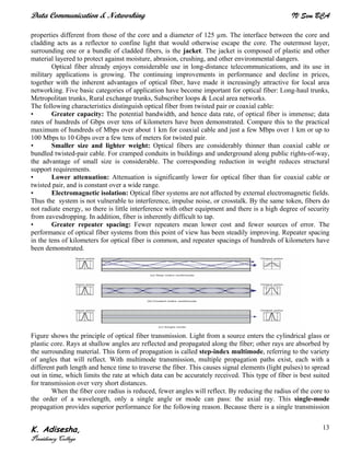 Data Communication & Networking IV Sem BCA
K. Adisesha,
Presidency College
13
properties different from those of the core and a diameter of 125 µm. The interface between the core and
cladding acts as a reflector to confine light that would otherwise escape the core. The outermost layer,
surrounding one or a bundle of cladded fibers, is the jacket. The jacket is composed of plastic and other
material layered to protect against moisture, abrasion, crushing, and other environmental dangers.
Optical fiber already enjoys considerable use in long-distance telecommunications, and its use in
military applications is growing. The continuing improvements in performance and decline in prices,
together with the inherent advantages of optical fiber, have made it increasingly attractive for local area
networking. Five basic categories of application have become important for optical fiber: Long-haul trunks,
Metropolitan trunks, Rural exchange trunks, Subscriber loops & Local area networks.
The following characteristics distinguish optical fiber from twisted pair or coaxial cable:
• Greater capacity: The potential bandwidth, and hence data rate, of optical fiber is immense; data
rates of hundreds of Gbps over tens of kilometers have been demonstrated. Compare this to the practical
maximum of hundreds of Mbps over about 1 km for coaxial cable and just a few Mbps over 1 km or up to
100 Mbps to 10 Gbps over a few tens of meters for twisted pair.
• Smaller size and lighter weight: Optical fibers are considerably thinner than coaxial cable or
bundled twisted-pair cable. For cramped conduits in buildings and underground along public rights-of-way,
the advantage of small size is considerable. The corresponding reduction in weight reduces structural
support requirements.
• Lower attenuation: Attenuation is significantly lower for optical fiber than for coaxial cable or
twisted pair, and is constant over a wide range.
• Electromagnetic isolation: Optical fiber systems are not affected by external electromagnetic fields.
Thus the system is not vulnerable to interference, impulse noise, or crosstalk. By the same token, fibers do
not radiate energy, so there is little interference with other equipment and there is a high degree of security
from eavesdropping. In addition, fiber is inherently difficult to tap.
• Greater repeater spacing: Fewer repeaters mean lower cost and fewer sources of error. The
performance of optical fiber systems from this point of view has been steadily improving. Repeater spacing
in the tens of kilometers for optical fiber is common, and repeater spacings of hundreds of kilometers have
been demonstrated.
Figure shows the principle of optical fiber transmission. Light from a source enters the cylindrical glass or
plastic core. Rays at shallow angles are reflected and propagated along the fiber; other rays are absorbed by
the surrounding material. This form of propagation is called step-index multimode, referring to the variety
of angles that will reflect. With multimode transmission, multiple propagation paths exist, each with a
different path length and hence time to traverse the fiber. This causes signal elements (light pulses) to spread
out in time, which limits the rate at which data can be accurately received. This type of fiber is best suited
for transmission over very short distances.
When the fiber core radius is reduced, fewer angles will reflect. By reducing the radius of the core to
the order of a wavelength, only a single angle or mode can pass: the axial ray. This single-mode
propagation provides superior performance for the following reason. Because there is a single transmission
 