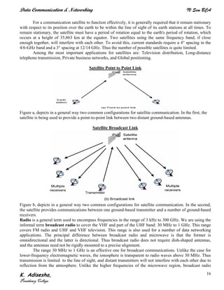 Data Communication & Networking IV Sem BCA
K. Adisesha,
Presidency College
16
For a communication satellite to function effectively, it is generally required that it remain stationary
with respect to its position over the earth to be within the line of sight of its earth stations at all times. To
remain stationary, the satellite must have a period of rotation equal to the earth's period of rotation, which
occurs at a height of 35,863 km at the equator. Two satellites using the same frequency band, if close
enough together, will interfere with each other. To avoid this, current standards require a 4° spacing in the
4/6-GHz band and a 3° spacing at 12/14 GHz. Thus the number of possible satellites is quite limited.
Among the most important applications for satellites are: Television distribution, Long-distance
telephone transmission, Private business networks, and Global positioning.
Satellite Point to Point Link
Figure a, depicts in a general way two common configurations for satellite communication. In the first, the
satellite is being used to provide a point-to-point link between two distant ground-based antennas.
Satellite Broadcast Link
Figure b, depicts in a general way two common configurations for satellite communication. In the second,
the satellite provides communications between one ground-based transmitter and a number of ground-based
receivers.
Radio is a general term used to encompass frequencies in the range of 3 kHz to 300 GHz. We are using the
informal term broadcast radio to cover the VHF and part of the UHF band: 30 MHz to 1 GHz. This range
covers FM radio and UHF and VHF television. This range is also used for a number of data networking
applications. The principal difference between broadcast radio and microwave is that the former is
omnidirectional and the latter is directional. Thus broadcast radio does not require dish-shaped antennas,
and the antennas need not be rigidly mounted to a precise alignment.
The range 30 MHz to 1 GHz is an effective one for broadcast communications. Unlike the case for
lower-frequency electromagnetic waves, the ionosphere is transparent to radio waves above 30 MHz. Thus
transmission is limited to the line of sight, and distant transmitters will not interfere with each other due to
reflection from the atmosphere. Unlike the higher frequencies of the microwave region, broadcast radio
 