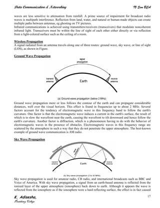 Data Communication & Networking IV Sem BCA
K. Adisesha,
Presidency College
17
waves are less sensitive to attenuation from rainfall. A prime source of impairment for broadcast radio
waves is multipath interference. Reflection from land, water, and natural or human-made objects can create
multiple paths between antennas, eg ghosting on TV pictures.
Infrared communications is achieved using transmitters/receivers (transceivers) that modulate noncoherent
infrared light. Transceivers must be within the line of sight of each other either directly or via reflection
from a light-colored surface such as the ceiling of a room.
Wireless Propagation
A signal radiated from an antenna travels along one of three routes: ground wave, sky wave, or line of sight
(LOS), as shown in Figure.
Ground Wave Propagation
Ground wave propagation more or less follows the contour of the earth and can propagate considerable
distances, well over the visual horizon. This effect is found in frequencies up to about 2 MHz. Several
factors account for the tendency of electromagnetic wave in this frequency band to follow the earth's
curvature. One factor is that the electromagnetic wave induces a current in the earth's surface, the result of
which is to slow the wavefront near the earth, causing the wavefront to tilt downward and hence follow the
earth's curvature. Another factor is diffraction, which is a phenomenon having to do with the behavior of
electromagnetic waves in the presence of obstacles. Electromagnetic waves in this frequency range are
scattered by the atmosphere in such a way that they do not penetrate the upper atmosphere. The best-known
example of ground wave communication is AM radio.
Sky Wave Propagation
Sky wave propagation is used for amateur radio, CB radio, and international broadcasts such as BBC and
Voice of America. With sky wave propagation, a signal from an earth-based antenna is reflected from the
ionized layer of the upper atmosphere (ionosphere) back down to earth. Although it appears the wave is
reflected from the ionosphere as if the ionosphere were a hard reflecting surface, the effect is in fact caused
 