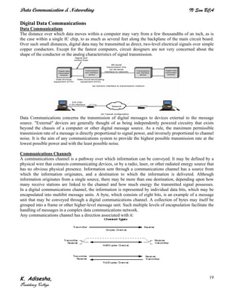 Data Communication & Networking IV Sem BCA
K. Adisesha,
Presidency College
19
Digital Data Communications
Data Communications
The distance over which data moves within a computer may vary from a few thousandths of an inch, as is
the case within a single IC chip, to as much as several feet along the backplane of the main circuit board.
Over such small distances, digital data may be transmitted as direct, two-level electrical signals over simple
copper conductors. Except for the fastest computers, circuit designers are not very concerned about the
shape of the conductor or the analog characteristics of signal transmission.
Data Communications concerns the transmission of digital messages to devices external to the message
source. "External" devices are generally thought of as being independently powered circuitry that exists
beyond the chassis of a computer or other digital message source. As a rule, the maximum permissible
transmission rate of a message is directly proportional to signal power, and inversely proportional to channel
noise. It is the aim of any communications system to provide the highest possible transmission rate at the
lowest possible power and with the least possible noise.
Communications Channels
A communications channel is a pathway over which information can be conveyed. It may be defined by a
physical wire that connects communicating devices, or by a radio, laser, or other radiated energy source that
has no obvious physical presence. Information sent through a communications channel has a source from
which the information originates, and a destination to which the information is delivered. Although
information originates from a single source, there may be more than one destination, depending upon how
many receive stations are linked to the channel and how much energy the transmitted signal possesses.
In a digital communications channel, the information is represented by individual data bits, which may be
encapsulated into multibit message units. A byte, which consists of eight bits, is an example of a message
unit that may be conveyed through a digital communications channel. A collection of bytes may itself be
grouped into a frame or other higher-level message unit. Such multiple levels of encapsulation facilitate the
handling of messages in a complex data communications network.
Any communications channel has a direction associated with it:
 