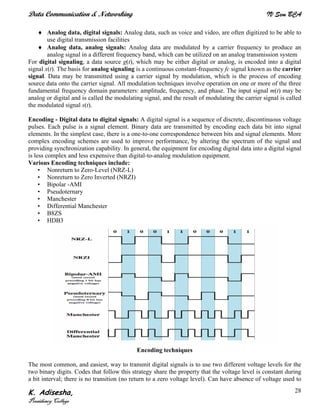 Data Communication & Networking IV Sem BCA
K. Adisesha,
Presidency College
28
♦ Analog data, digital signals: Analog data, such as voice and video, are often digitized to be able to
use digital transmission facilities
♦ Analog data, analog signals: Analog data are modulated by a carrier frequency to produce an
analog signal in a different frequency band, which can be utilized on an analog transmission system
For digital signaling, a data source g(t), which may be either digital or analog, is encoded into a digital
signal x(t). The basis for analog signaling is a continuous constant-frequency fc signal known as the carrier
signal. Data may be transmitted using a carrier signal by modulation, which is the process of encoding
source data onto the carrier signal. All modulation techniques involve operation on one or more of the three
fundamental frequency domain parameters: amplitude, frequency, and phase. The input signal m(t) may be
analog or digital and is called the modulating signal, and the result of modulating the carrier signal is called
the modulated signal s(t).
Encoding - Digital data to digital signals: A digital signal is a sequence of discrete, discontinuous voltage
pulses. Each pulse is a signal element. Binary data are transmitted by encoding each data bit into signal
elements. In the simplest case, there is a one-to-one correspondence between bits and signal elements. More
complex encoding schemes are used to improve performance, by altering the spectrum of the signal and
providing synchronization capability. In general, the equipment for encoding digital data into a digital signal
is less complex and less expensive than digital-to-analog modulation equipment.
Various Encoding techniques include:
• Nonreturn to Zero-Level (NRZ-L)
• Nonreturn to Zero Inverted (NRZI)
• Bipolar -AMI
• Pseudoternary
• Manchester
• Differential Manchester
• B8ZS
• HDB3
Encoding techniques
The most common, and easiest, way to transmit digital signals is to use two different voltage levels for the
two binary digits. Codes that follow this strategy share the property that the voltage level is constant during
a bit interval; there is no transition (no return to a zero voltage level). Can have absence of voltage used to
 