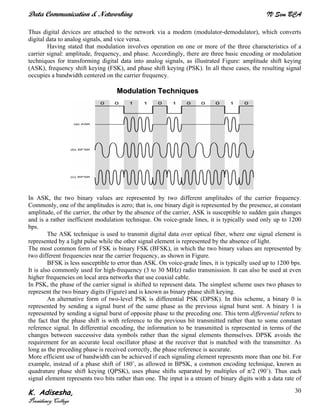 Data Communication & Networking IV Sem BCA
K. Adisesha,
Presidency College
30
Thus digital devices are attached to the network via a modem (modulator-demodulator), which converts
digital data to analog signals, and vice versa.
Having stated that modulation involves operation on one or more of the three characteristics of a
carrier signal: amplitude, frequency, and phase. Accordingly, there are three basic encoding or modulation
techniques for transforming digital data into analog signals, as illustrated Figure: amplitude shift keying
(ASK), frequency shift keying (FSK), and phase shift keying (PSK). In all these cases, the resulting signal
occupies a bandwidth centered on the carrier frequency.
In ASK, the two binary values are represented by two different amplitudes of the carrier frequency.
Commonly, one of the amplitudes is zero; that is, one binary digit is represented by the presence, at constant
amplitude, of the carrier, the other by the absence of the carrier, ASK is susceptible to sudden gain changes
and is a rather inefficient modulation technique. On voice-grade lines, it is typically used only up to 1200
bps.
The ASK technique is used to transmit digital data over optical fiber, where one signal element is
represented by a light pulse while the other signal element is represented by the absence of light.
The most common form of FSK is binary FSK (BFSK), in which the two binary values are represented by
two different frequencies near the carrier frequency, as shown in Figure.
BFSK is less susceptible to error than ASK. On voice-grade lines, it is typically used up to 1200 bps.
It is also commonly used for high-frequency (3 to 30 MHz) radio transmission. It can also be used at even
higher frequencies on local area networks that use coaxial cable.
In PSK, the phase of the carrier signal is shifted to represent data. The simplest scheme uses two phases to
represent the two binary digits (Figure) and is known as binary phase shift keying.
An alternative form of two-level PSK is differential PSK (DPSK). In this scheme, a binary 0 is
represented by sending a signal burst of the same phase as the previous signal burst sent. A binary 1 is
represented by sending a signal burst of opposite phase to the preceding one. This term differential refers to
the fact that the phase shift is with reference to the previous bit transmitted rather than to some constant
reference signal. In differential encoding, the information to be transmitted is represented in terms of the
changes between successive data symbols rather than the signal elements themselves. DPSK avoids the
requirement for an accurate local oscillator phase at the receiver that is matched with the transmitter. As
long as the preceding phase is received correctly, the phase reference is accurate.
More efficient use of bandwidth can be achieved if each signaling element represents more than one bit. For
example, instead of a phase shift of 180˚, as allowed in BPSK, a common encoding technique, known as
quadrature phase shift keying (QPSK), uses phase shifts separated by multiples of π/2 (90˚). Thus each
signal element represents two bits rather than one. The input is a stream of binary digits with a data rate of
MMoodduullaattiioonn TTeecchhnniiqquueess
 