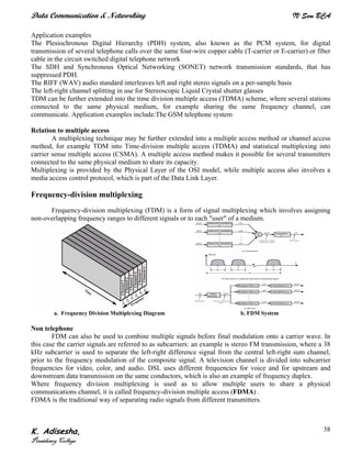 Data Communication & Networking IV Sem BCA
K. Adisesha,
Presidency College
38
Application examples
The Plesiochronous Digital Hierarchy (PDH) system, also known as the PCM system, for digital
transmission of several telephone calls over the same four-wire copper cable (T-carrier or E-carrier) or fiber
cable in the circuit switched digital telephone network
The SDH and Synchronous Optical Networking (SONET) network transmission standards, that has
suppressed PDH.
The RIFF (WAV) audio standard interleaves left and right stereo signals on a per-sample basis
The left-right channel splitting in use for Stereoscopic Liquid Crystal shutter glasses
TDM can be further extended into the time division multiple access (TDMA) scheme, where several stations
connected to the same physical medium, for example sharing the same frequency channel, can
communicate. Application examples include:The GSM telephone system
Relation to multiple access
A multiplexing technique may be further extended into a multiple access method or channel access
method, for example TDM into Time-division multiple access (TDMA) and statistical multiplexing into
carrier sense multiple access (CSMA). A multiple access method makes it possible for several transmitters
connected to the same physical medium to share its capacity.
Multiplexing is provided by the Physical Layer of the OSI model, while multiple access also involves a
media access control protocol, which is part of the Data Link Layer.
Frequency-division multiplexing
Frequency-division multiplexing (FDM) is a form of signal multiplexing which involves assigning
non-overlapping frequency ranges to different signals or to each "user" of a medium.
a. Frequency Division Multiplexing Diagram b. FDM System
Non telephone
FDM can also be used to combine multiple signals before final modulation onto a carrier wave. In
this case the carrier signals are referred to as subcarriers: an example is stereo FM transmission, where a 38
kHz subcarrier is used to separate the left-right difference signal from the central left-right sum channel,
prior to the frequency modulation of the composite signal. A television channel is divided into subcarrier
frequencies for video, color, and audio. DSL uses different frequencies for voice and for upstream and
downstream data transmission on the same conductors, which is also an example of frequency duplex.
Where frequency division multiplexing is used as to allow multiple users to share a physical
communications channel, it is called frequency-division multiple access (FDMA) .
FDMA is the traditional way of separating radio signals from different transmitters.
 