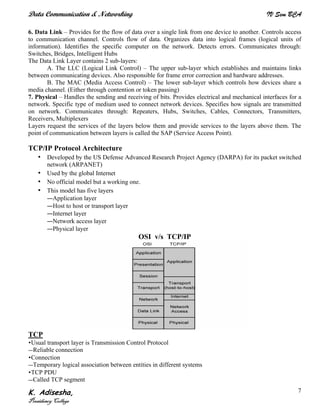 Data Communication & Networking IV Sem BCA
K. Adisesha,
Presidency College
7
6. Data Link – Provides for the flow of data over a single link from one device to another. Controls access
to communication channel. Controls flow of data. Organizes data into logical frames (logical units of
information). Identifies the specific computer on the network. Detects errors. Communicates through:
Switches, Bridges, Intelligent Hubs
The Data Link Layer contains 2 sub-layers:
A. The LLC (Logical Link Control) – The upper sub-layer which establishes and maintains links
between communicating devices. Also responsible for frame error correction and hardware addresses.
B. The MAC (Media Access Control) – The lower sub-layer which controls how devices share a
media channel. (Either through contention or token passing)
7. Physical – Handles the sending and receiving of bits. Provides electrical and mechanical interfaces for a
network. Specific type of medium used to connect network devices. Specifies how signals are transmitted
on network. Communicates through: Repeaters, Hubs, Switches, Cables, Connectors, Transmitters,
Receivers, Multiplexers
Layers request the services of the layers below them and provide services to the layers above them. The
point of communication between layers is called the SAP (Service Access Point).
TCP/IP Protocol Architecture
• Developed by the US Defense Advanced Research Project Agency (DARPA) for its packet switched
network (ARPANET)
• Used by the global Internet
• No official model but a working one.
• This model has five layers
—Application layer
—Host to host or transport layer
—Internet layer
—Network access layer
—Physical layer
OSI v/s TCP/IP
TCP
•Usual transport layer is Transmission Control Protocol
—Reliable connection
•Connection
—Temporary logical association between entities in different systems
•TCP PDU
—Called TCP segment
 