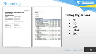 Reporting
18
• PCI
• ISO
• SOX
• HIPAA
• SEC
Testing Regulations
 