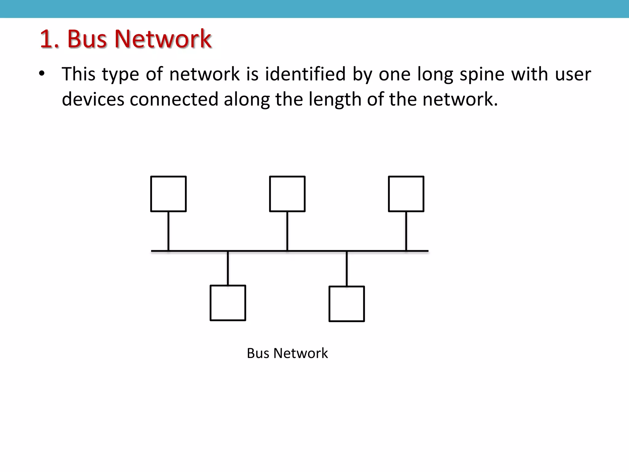 • This type of network is identified by one long spine with user
devices connected along the length of the network.
1. Bus Network
Bus Network
 