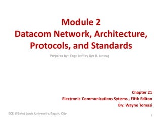 Module 2
Datacom Network, Architecture,
Protocols, and Standards
Chapter 21
Electronic Communications Sytems , Fifth Editon
By: Wayne Tomasi
ECE @Saint Louis University, Baguio City 1
Prepared by: Engr. Jeffrey Des B. Binwag
 