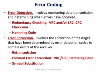 Error Coding
• Error Detection. Involves monitoring data transmission
and determining when errors have occurred.
– Redundancy Checking: VRC and/or LRC, CRC,
Checksum
– Hamming Code
• Error Correction. Involves the correction of messages
that have been determined by error detection codes to
contain errors at the receiver.
– Retransmission
– Forward Error Correction: VRC/LRC, Hamming Code
– Symbol Substitution
ECE @Saint Louis University, Baguio City 4
 