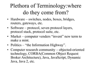 Plethora of Terminology:where
do they come from?
• Hardware – switches, nodes, boxes, bridges,
routers, gateways, etc.
• Software – protocol, seven protocol layers,
protocol stack, protocol suite, etc.
• Market – computer venders “invent” new term to
make a mint.
• Politics – “the Information Highway”.
• Computer research community – objected-oriented
technology, CORBA(Common Object Request
Broker Architecture), Java, JavaScript, Dynamic
Java, Java 2, etc.
 