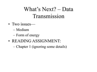 What’s Next? – Data
Transmission
• Two issues—
– Medium
– Form of energy
• READING ASSIGNMENT:
– Chapter 1 (ignoring some details)
 