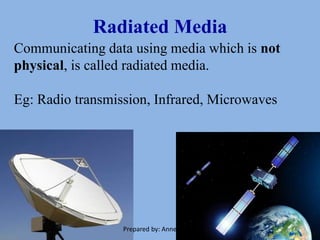 Radiated Media
Communicating data using media which is not
physical, is called radiated media.
Eg: Radio transmission, Infrared, Microwaves
Prepared by: Anne Perera
 