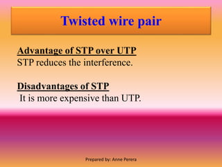Twisted wire pair
Advantage of STP over UTP
STP reduces the interference.
Disadvantages of STP
It is more expensive than UTP.
Prepared by: Anne Perera
 