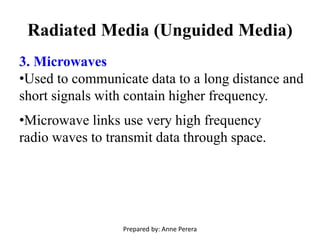 Radiated Media (Unguided Media)
3. Microwaves
•Used to communicate data to a long distance and
short signals with contain higher frequency.
•Microwave links use very high frequency
radio waves to transmit data through space.
Prepared by: Anne Perera
 
