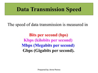 Data Transmission Speed
The speed of data transmission is measured in
Bits per second (bps)
Kbps (kilobits per second)
Mbps (Megabits per second)
Gbps (Gigabits per second).
Prepared by: Anne Perera
 