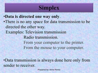 Simplex
•Data is directed one way only.
•There is no any space for data transmission to be
directed the other way.
Examples: Television transmission
Radio transmission.
From your computer to the printer.
From the mouse to your computer.
•Data transmission is always done here only from
sender to receiver.
Prepared by: Anne Perera
 