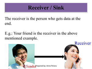 Receiver / Sink
The receiver is the person who gets data at the
end.
E.g.: Your friend is the receiver in the above
mentioned example.
Receiver
Prepared by: Anne Perera
 