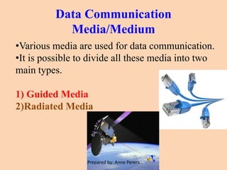 Data Communication
Media/Medium
•Various media are used for data communication.
•It is possible to divide all these media into two
main types.
1) Guided Media
2)Radiated Media
Prepared by: Anne Perera
 