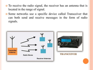  To receive the radio signal, the receiver has an antenna that is
located in the range of signal.
 Some networks use a specific device called Transceiver that
can both send and receive messages in the form of radio
signals.
TRANSCEIVER
 