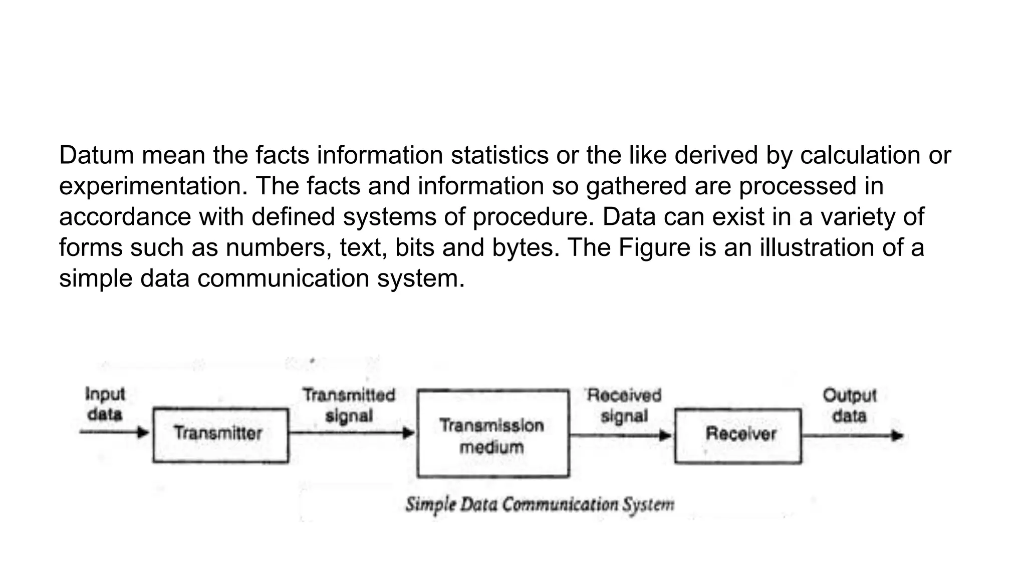 Datum mean the facts information statistics or the like derived by calculation or
experimentation. The facts and information so gathered are processed in
accordance with defined systems of procedure. Data can exist in a variety of
forms such as numbers, text, bits and bytes. The Figure is an illustration of a
simple data communication system.
 