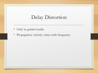 Delay Distortion
• Only in guided media
• Propagation velocity varies with frequency
 