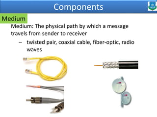 Medium: The physical path by which a message
travels from sender to receiver
– twisted pair, coaxial cable, fiber-optic, radio
waves
Components
Medium
 